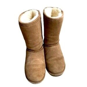 Bearpaw Emma Short Women Size 8 Tan Suede Sheepskin Wool Lined Flat Boots